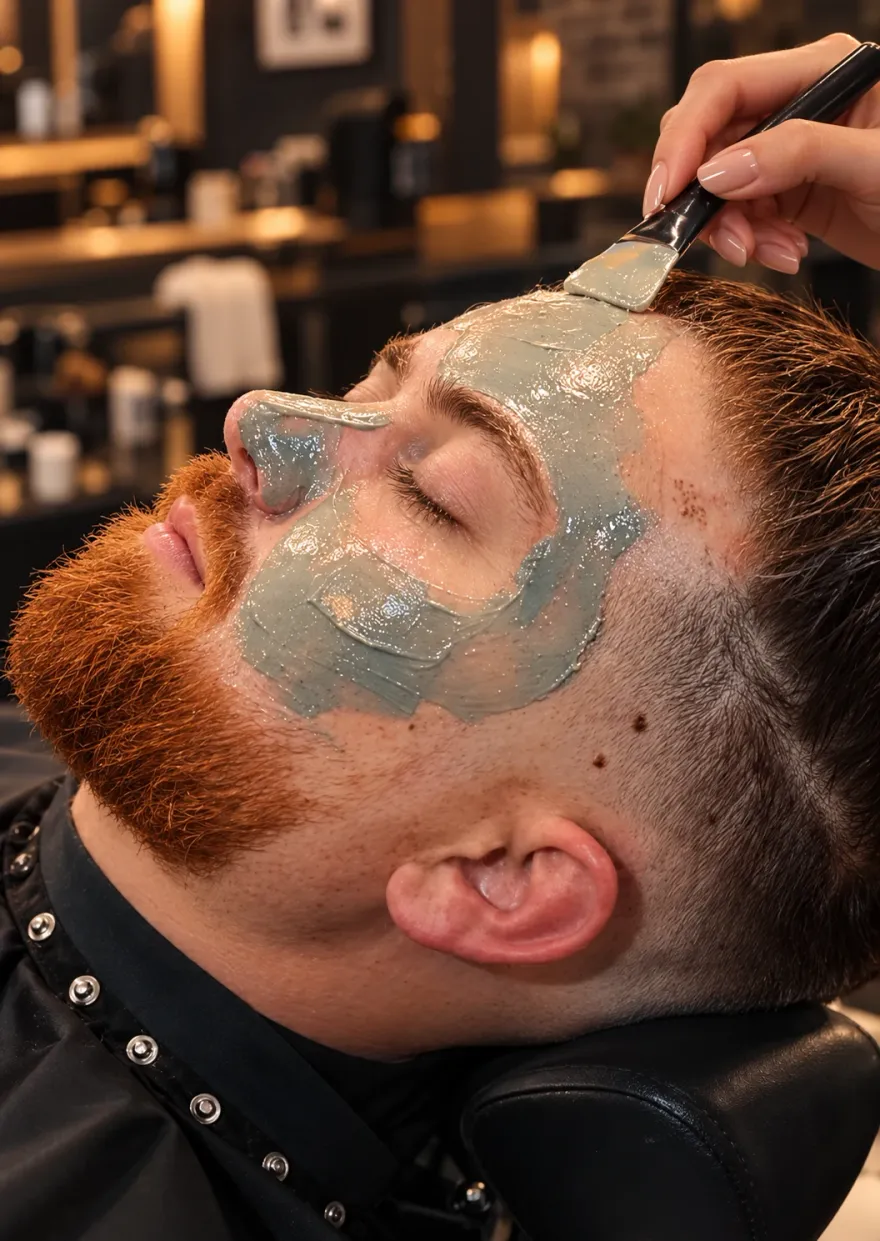 Soin visage BAUME : un client détendu, yeux fermés, pendant l'application d'un masque au pinceau